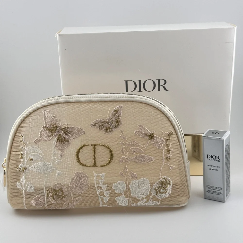 🆕 DIOR Beige Embroidered Women's Cosmetic Bag New w/ Box & Skincare Samples NIB